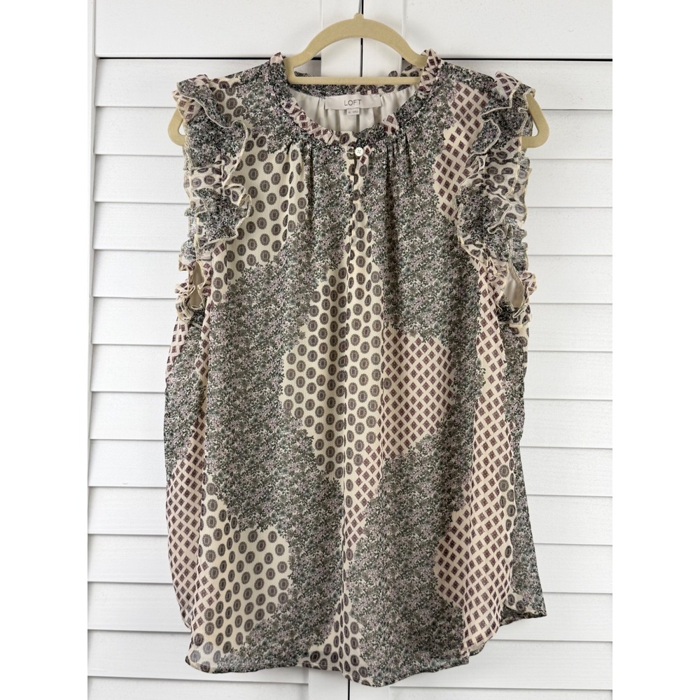 LOFT Blouse XL Ivory Mixed Print Ruffle Shoulder Sleeveless Shell